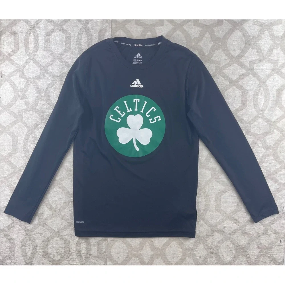 Adidas Boston Celtics Kids Medium 10/12 Long Sleeve Climalite Shirt‎ Black NBA
